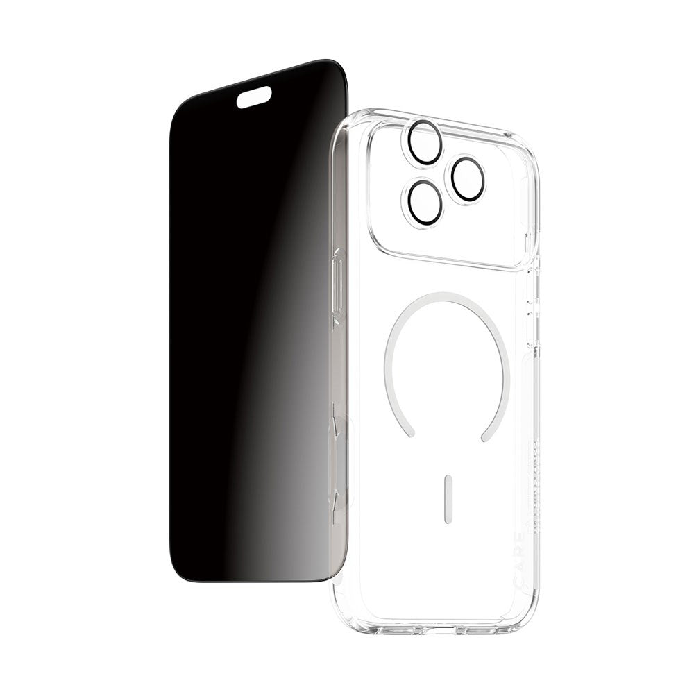 iPhone 18 Pro Max - CARE by PanzerGlass - 3-i-1 FLAGSHIP Bundle - Cover / Privacy Skærmbeskyttelse (UWF) / Kamerabeskyttelse - Gennemsigtig / Sort