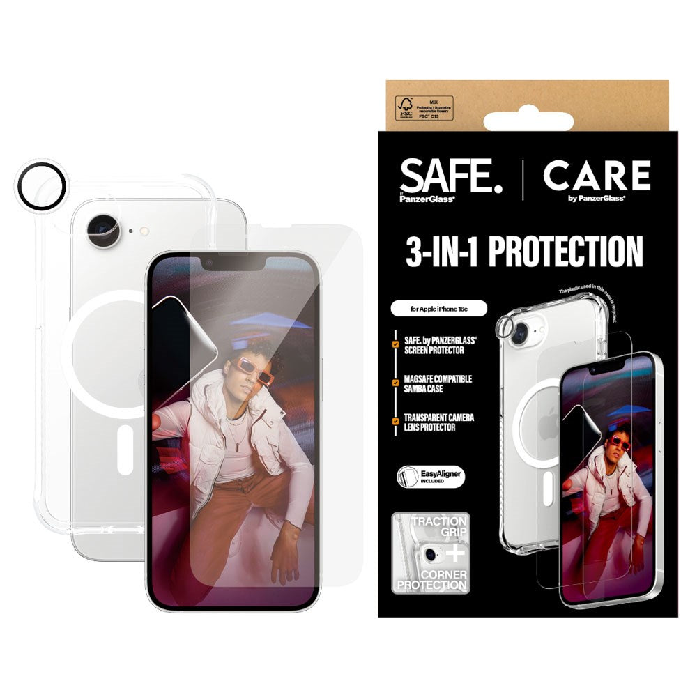 CARE By PanzerGlass iPhone 16e 3-i-1 FASHION Bundle - Skærmbeskyttelse (UWF) / Bagsidecover / Kamerabeskyttelse - Gennemsigtig / Hvid
