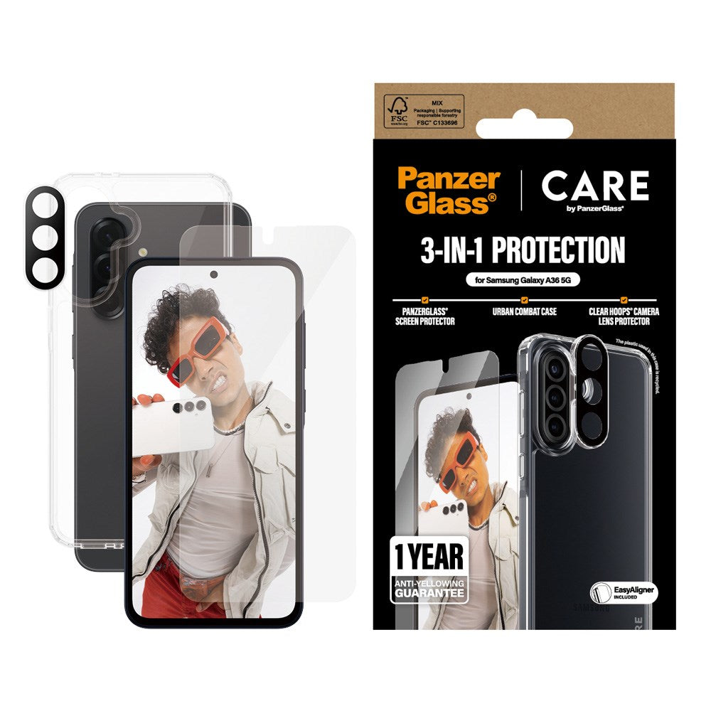 Samsung Galaxy A36 (5G) - CARE by PanzerGlass 3-i-1 FLAGSHIP Bundle - Cover / Skærmbeskyttelse (UWF) / Kamerabeskyttelse - Gennemsigtig