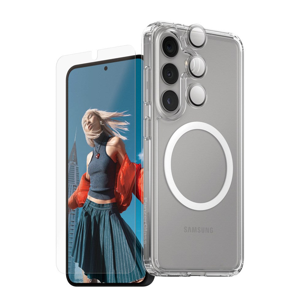 Samsung Galaxy S25 - CARE by PanzerGlass 3-i-1 FLAGSHIP Bundle - Cover / Skærmbeskyttelse (UWF) / Kamerabeskyttelse - Gennemsigtig