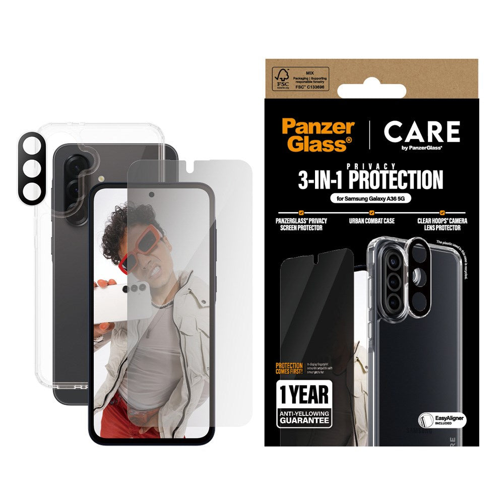 Samsung Galaxy A36 (5G) - CARE by PanzerGlass 3-i-1 FLAGSHIP Bundle - Cover / Privacy Skærmbeskyttelse (UWF) / Kamerabeskyttelse - Gennemsigtig / Sort