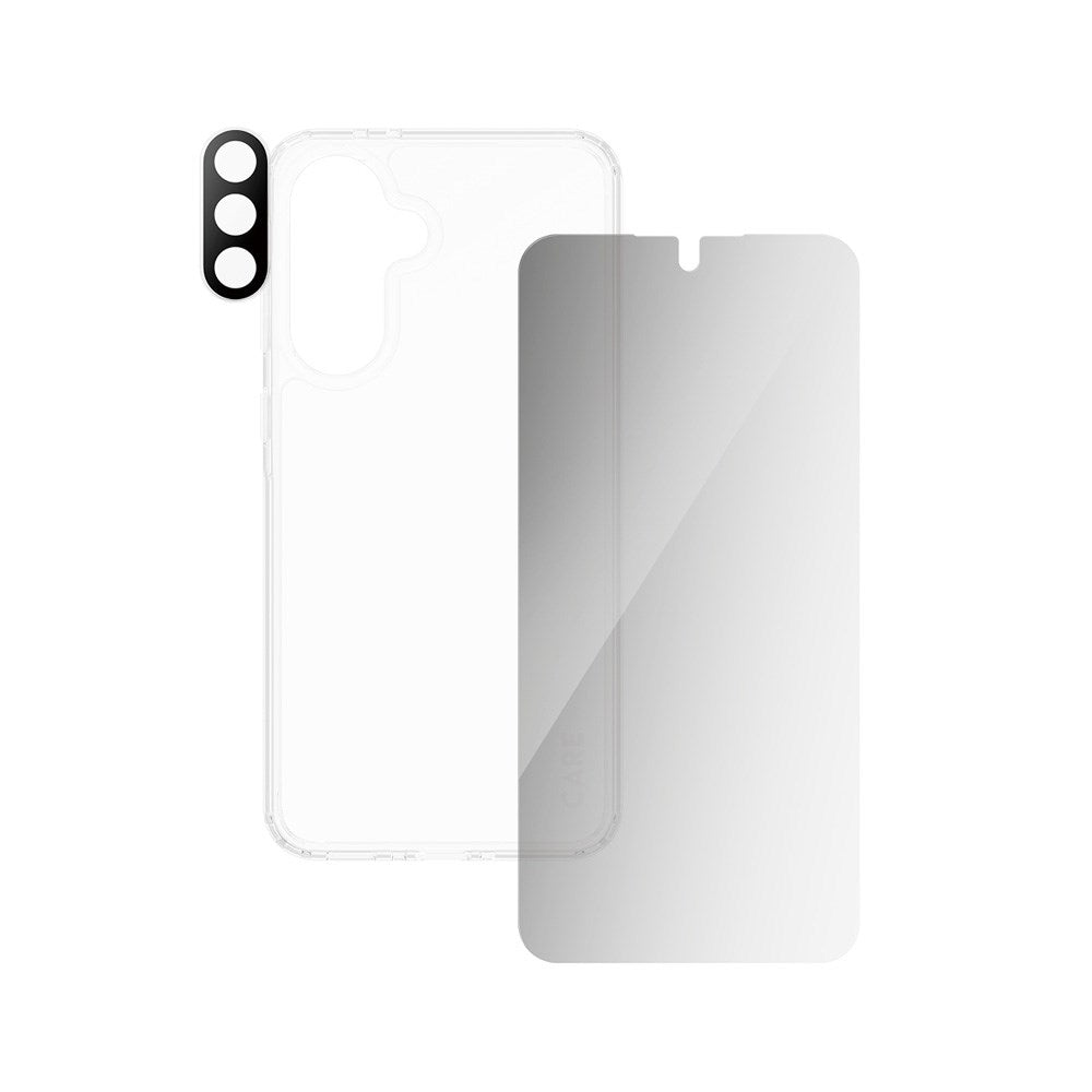 Samsung Galaxy A36 (5G) - CARE by PanzerGlass 3-i-1 FLAGSHIP Bundle - Cover / Privacy Skærmbeskyttelse (UWF) / Kamerabeskyttelse - Gennemsigtig / Sort