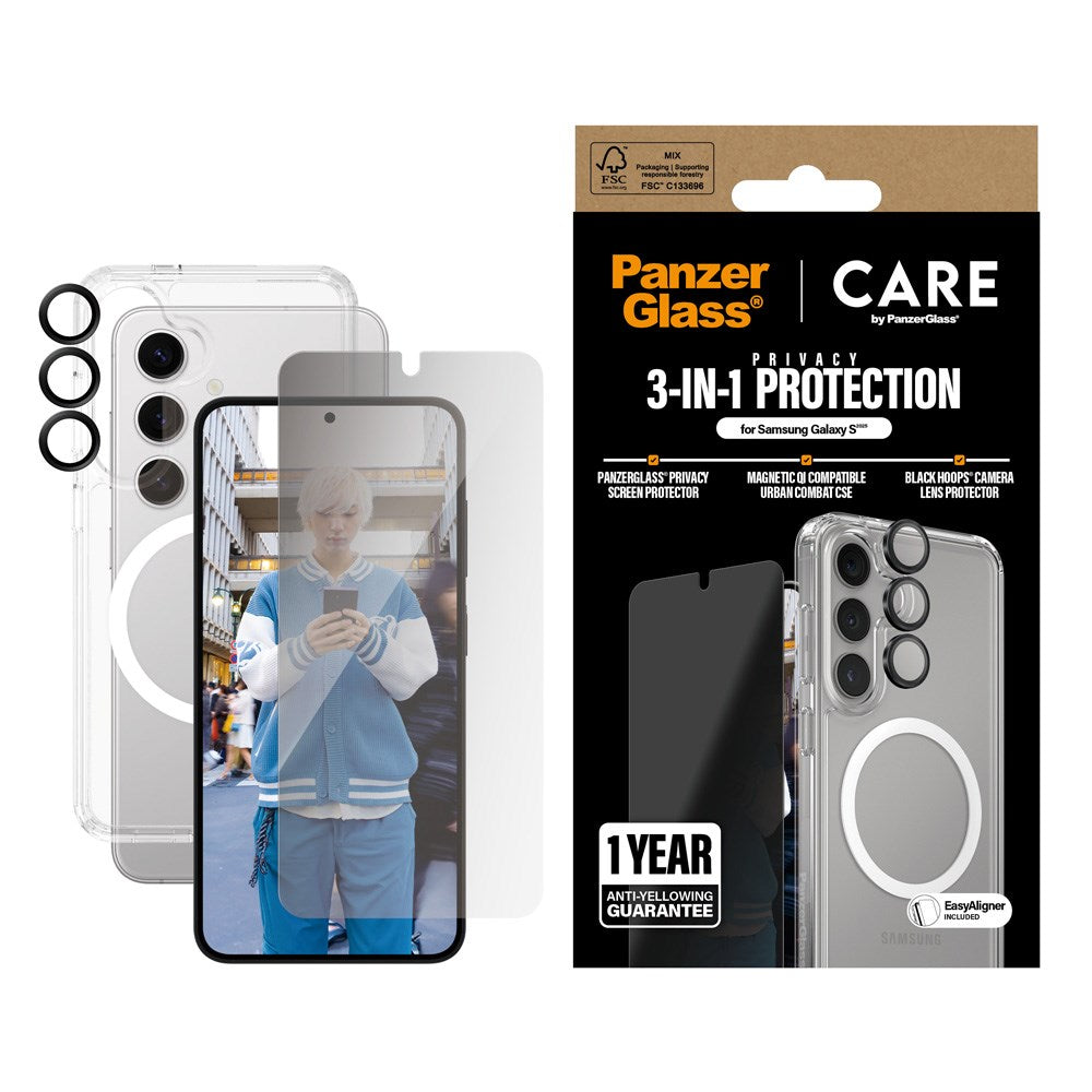 Samsung Galaxy S25 - CARE by PanzerGlass 3-i-1 FLAGSHIP Bundle - Cover / Privacy Skærmbeskyttelse (UWF) / Kamerabeskyttelse - Gennemsigtig / Hvid