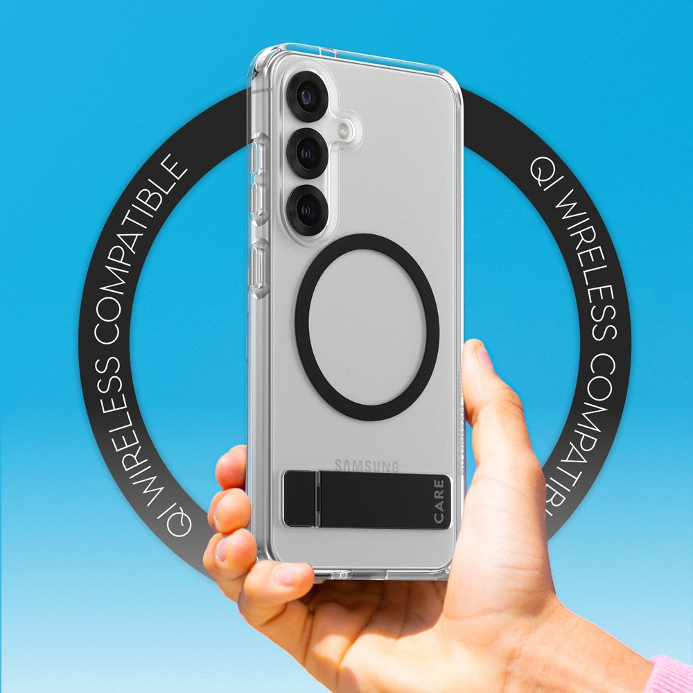 CARE by PanzerGlass Samsung Galaxy S25 Feature Kickstand Cover - Qi Kompatibel - Transparent / Black