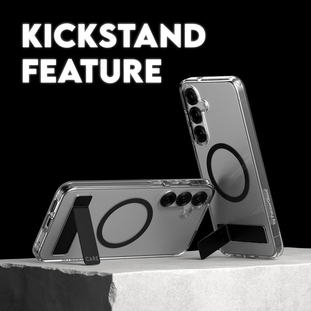 CARE by PanzerGlass Samsung Galaxy S25 Feature Kickstand Cover - Qi Kompatibel - Transparent / Black