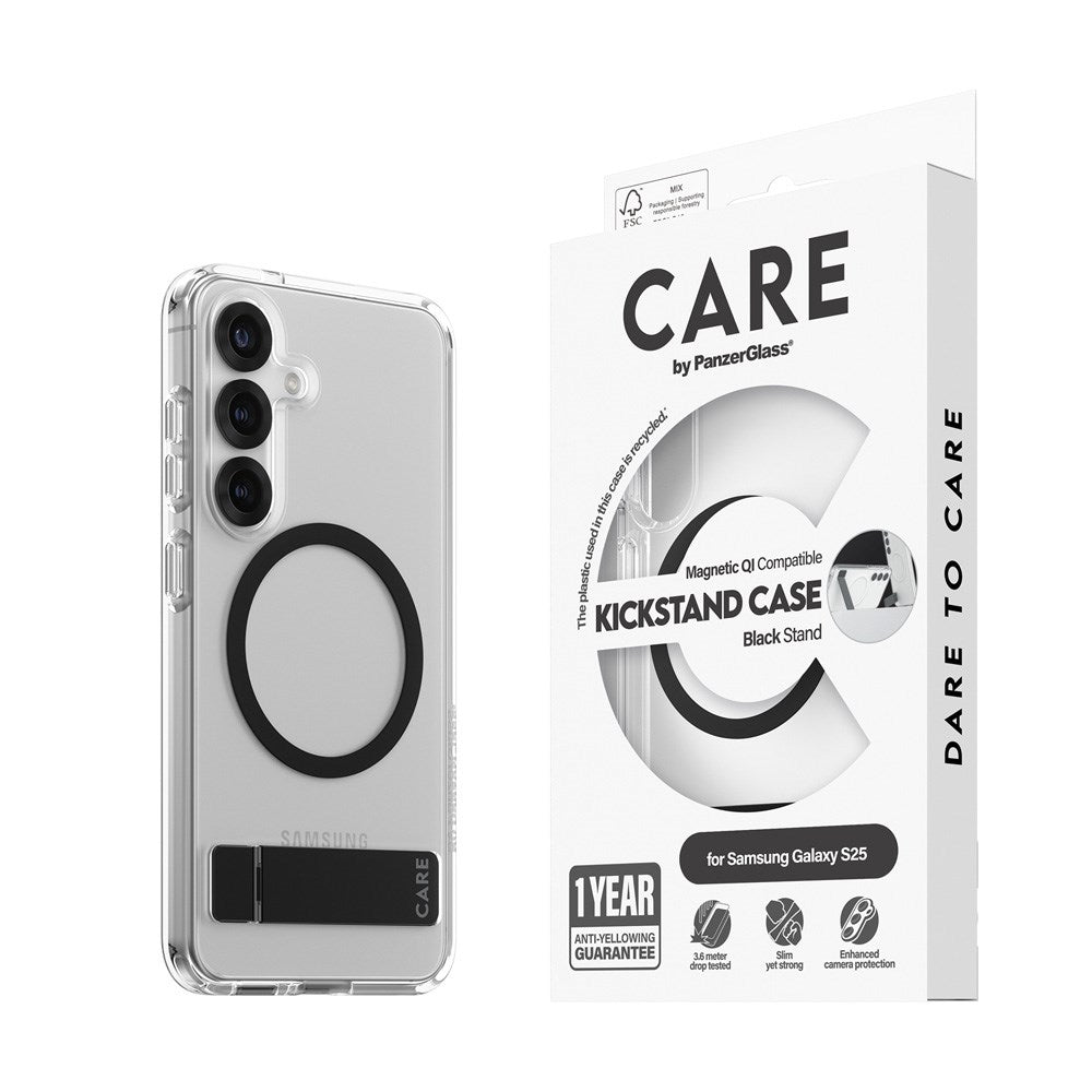 CARE by PanzerGlass Samsung Galaxy S25 Feature Kickstand Cover - Qi Kompatibel - Transparent / Black