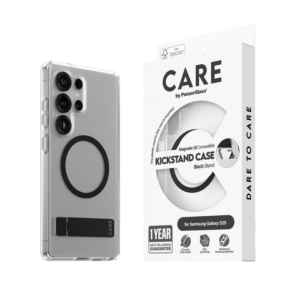 CARE by PanzerGlass Samsung Galaxy S25 Ultra Feature Kickstand Cover - Qi Kompatibel - Transparent / Black