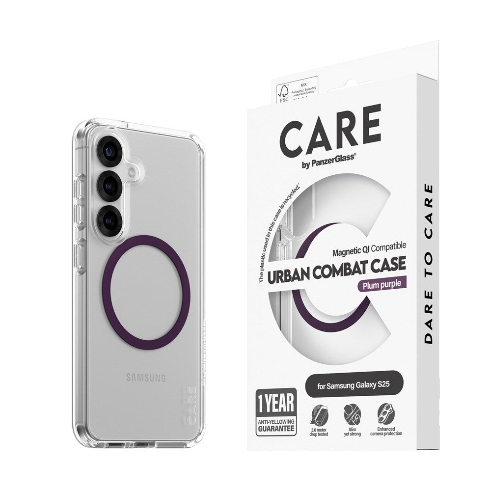 CARE by PanzerGlass Samsung Galaxy S25 FLAGSHIP Urban Combat Cover - Qi Kompatibel -Gennemsigtig / Plum Purple