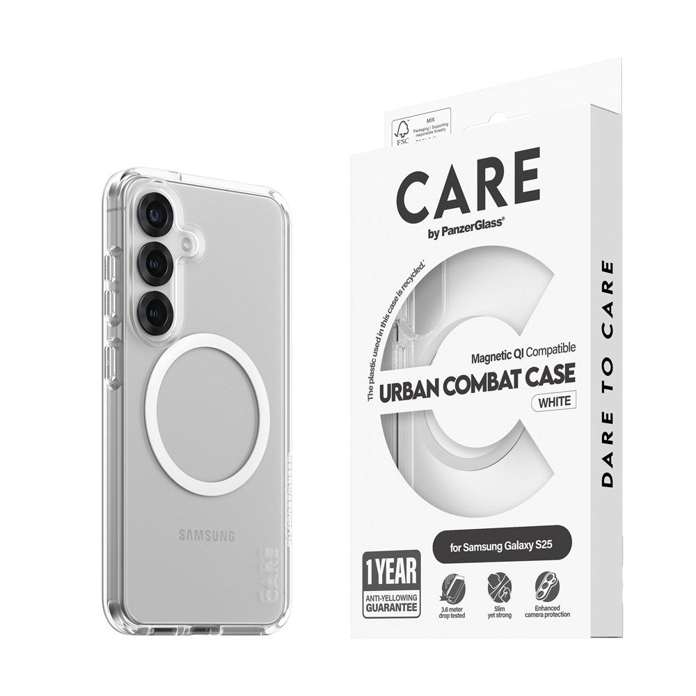 CARE by PanzerGlass Samsung Galaxy S25 FLAGSHIP Urban Combat Cover - Qi Kompatibel - Gennemsigtig / White
