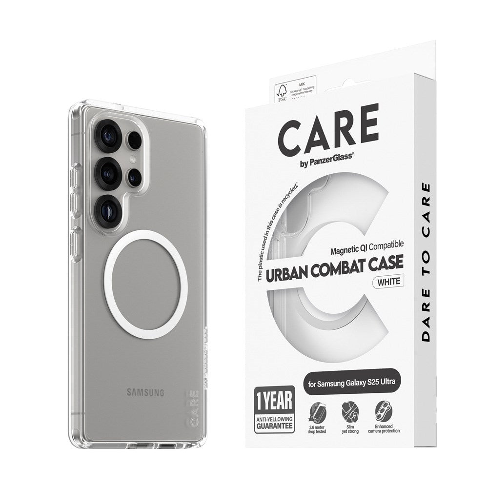 CARE by PanzerGlass Samsung Galaxy S25 Ultra FLAGSHIP Urban Combat Cover - Qi Kompatibel - Gennemsigtig / White