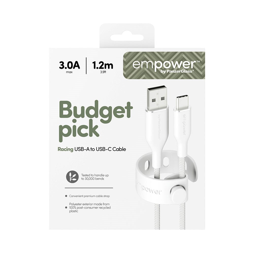 empower by PanzerGlass Racing 1.2m / 60W USB-A til USB-C Kabel - Silver White