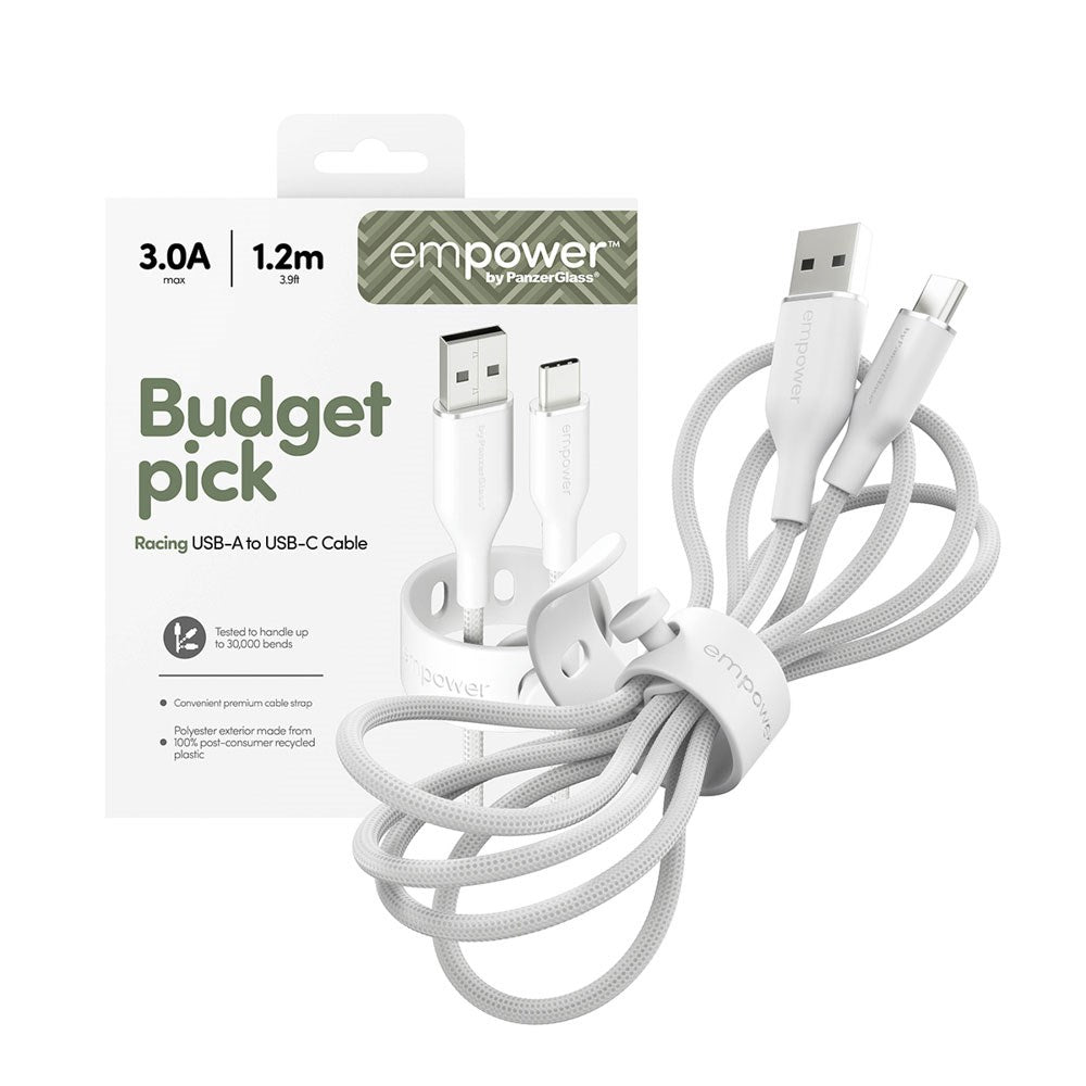 empower by PanzerGlass Racing 1.2m / 60W USB-A til USB-C Kabel - Silver White