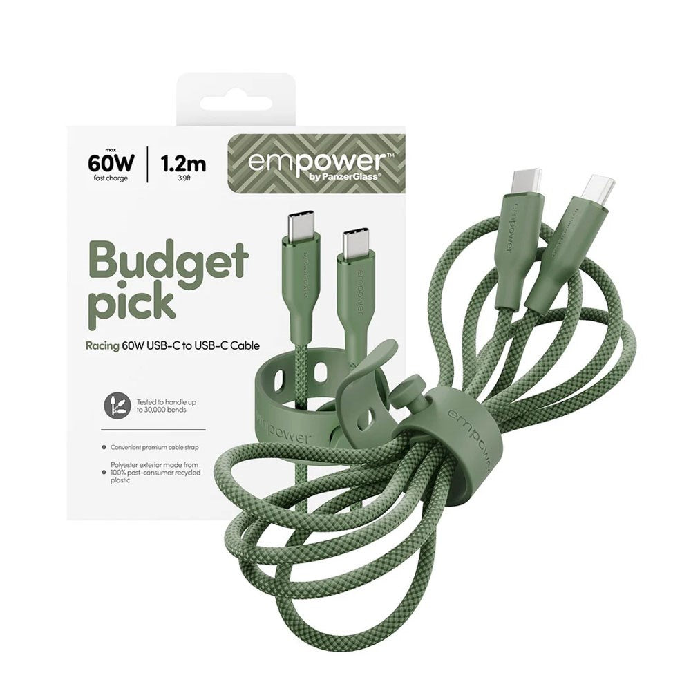 empower by PanzerGlass Racing 1.2m / 60W USB-C til USB-C Kabel - Sage