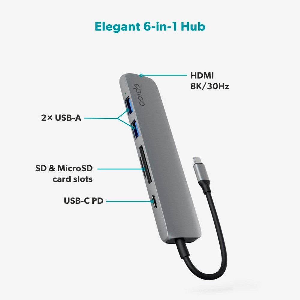 Epico 6-i-en Aluminium 8K USB-C Adapater - Space Grey