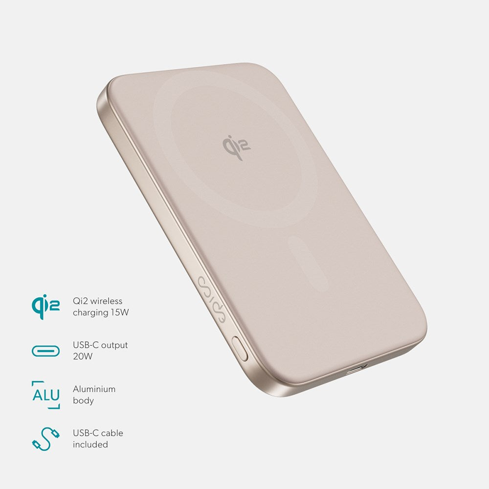 Epico 15W UltraPack EM51 5000 mAh Slim Alu Mag+ Power Bank - m. USB-C - Qi2 / MagSafe Kompatibel - Desert Titanium