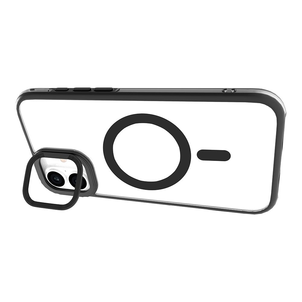 eSTUFF iPhone 16 INFINITE HELSINKI Hybrid Plastik Bagside Cover med Kickstand - MagSafe Kompatibel - Sort / Gennemsigtig