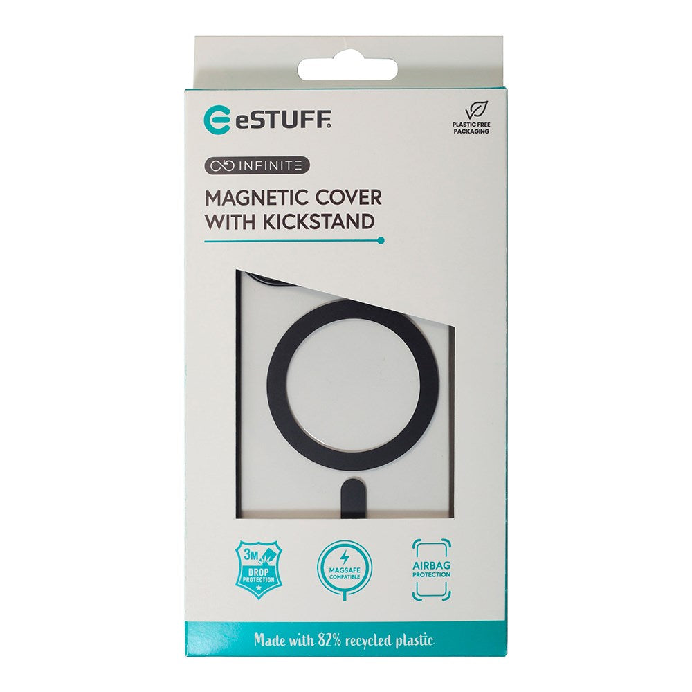 eSTUFF iPhone 16 INFINITE HELSINKI Hybrid Plastik Bagside Cover med Kickstand - MagSafe Kompatibel - Sort / Gennemsigtig