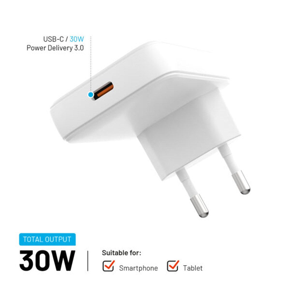 FIXED Slim 30W USB-C - GaN-oplader - 90 grader - Hvid