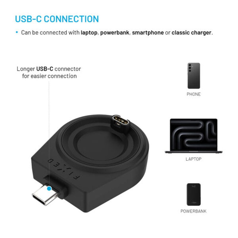 Fixed Trådløs Oplader til Garmin Smartwatch - USB-C - Sort