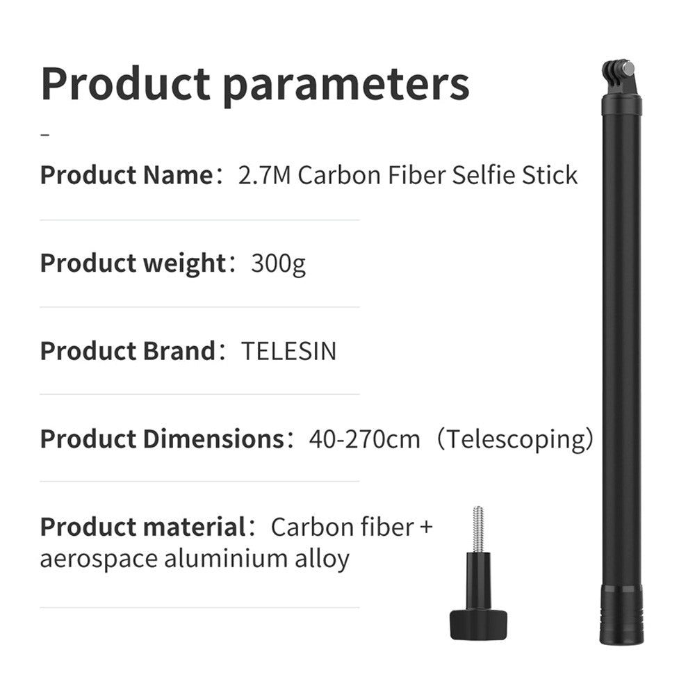 TELESIN Teleskopisk Selfie Stick til Action Kamera - 2.7m - Sort