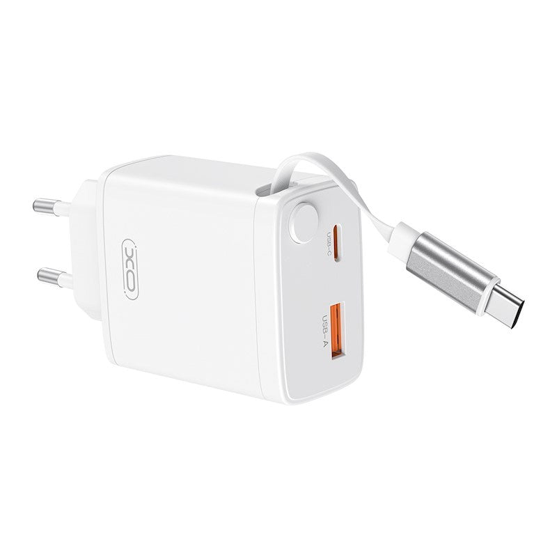 XO 30W Vægoplader 1 x USB-C 1 x USB-A med Tilhørende USB-C Kabel - Hvid
