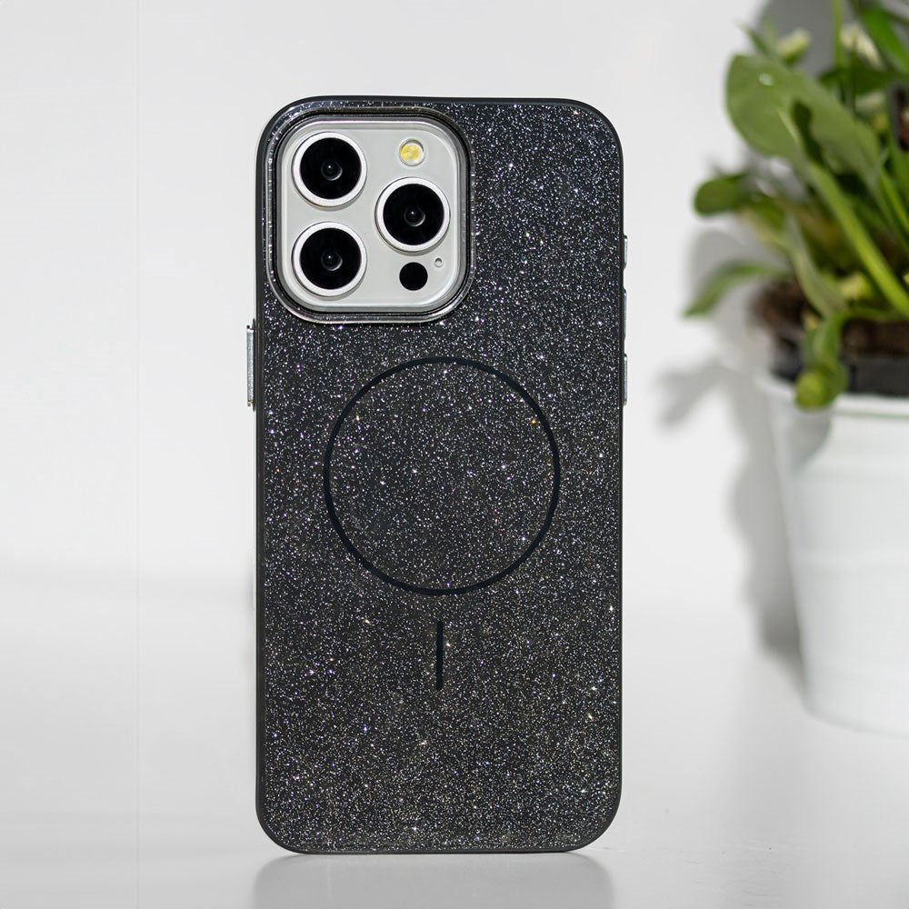 iPhone 15 Glitter Thin Mobil Cover - MagSafe Kompatibel - Sort