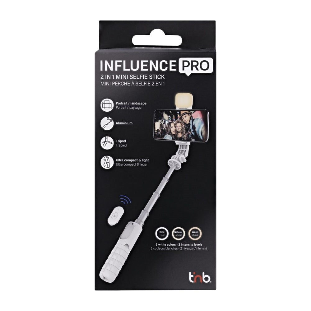 T'NB Influence Pro Multifunktionel Selfie Stang m. Tripodfunktion og LED Lys - Hvid