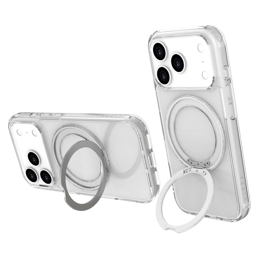 Lippa iPhone 17 Pro Hybrid Cover m. Roterende Kickstand - MagSafe Kompatibel - Gennemsigtig / Sølv