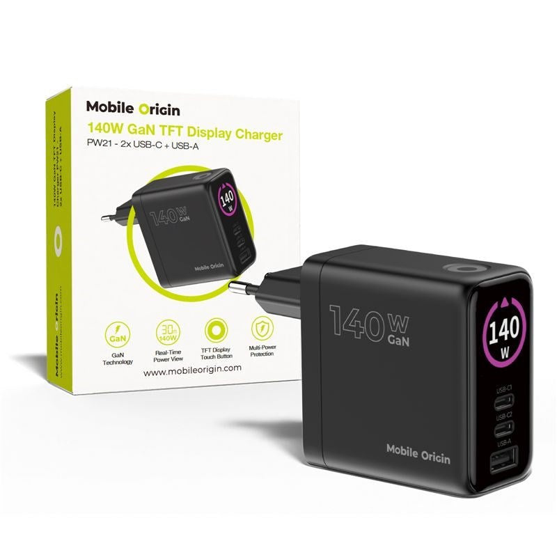 Mobile Origin PW21 Display Vægoplader GaN 140W med 2x USB-C + 1x USB-A - Sort