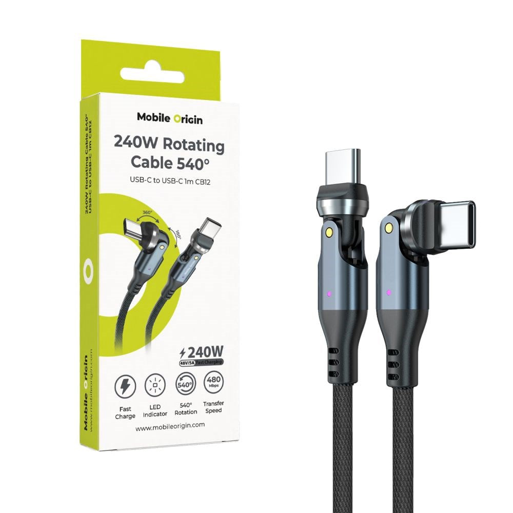 Mobile Origin USB-C til USB-C Kabel - 240W - 540° Roterbar - 1m - Grå