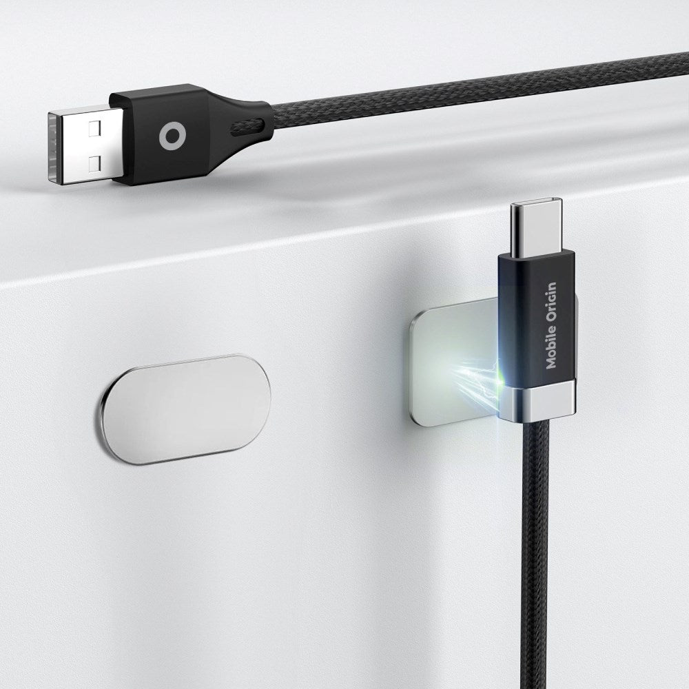 Mobile Origin Magnetisk USB-C til USB-A Kabel 27W m. 2x Selvklæbende Magnetiske Puder - 1,5m - Sort