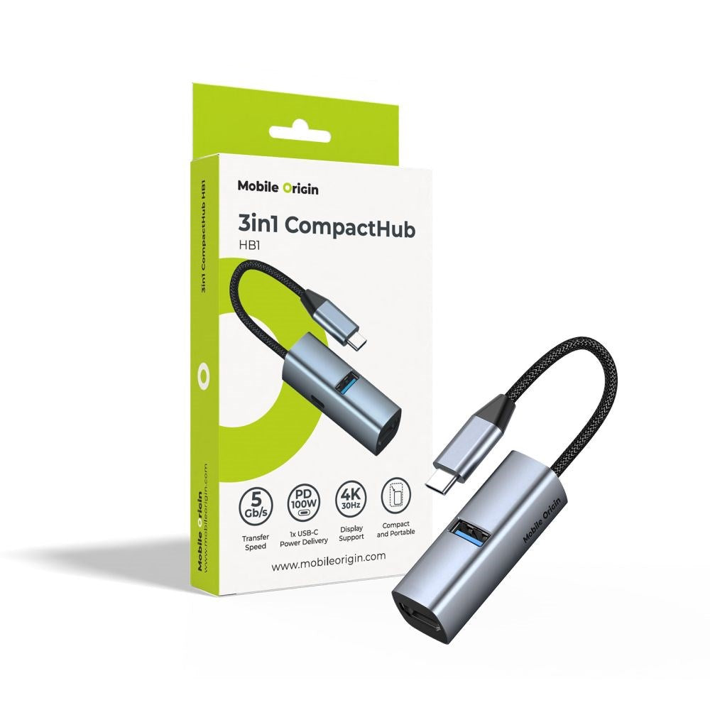 Mobile Origin 3-i-1 USB-C Hub m. 1 x USB-A 1 x USB-C 1 x HDMI - Grå