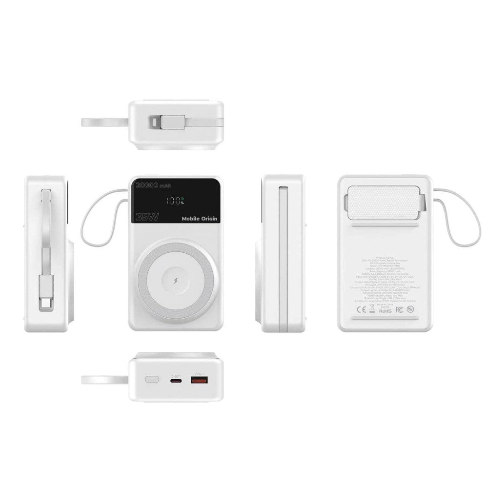 Mobile Origin PB15 PowerBank 35W PD 20000mAh m. Display - MagSafe Kompatibel - Hvid