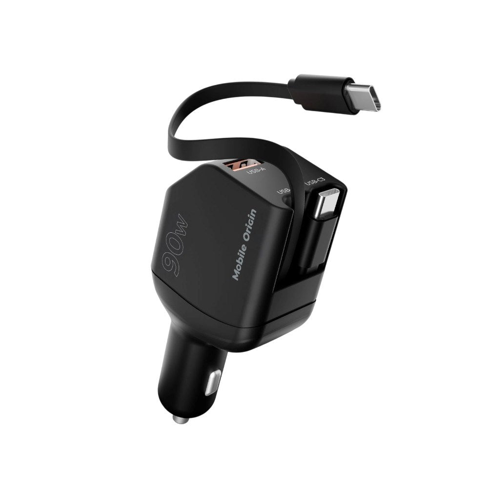 Mobile Origin 4-i-1 Biloplader 90W med USB-C + USB-A og 2x Indbygget USB-C Kabel - Sort