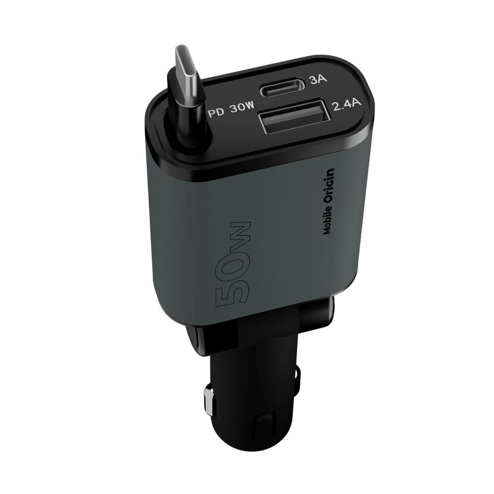 Mobile Origin 3-i-1 Biloplader 50W med USB-C + USB-A og Indbygget USB-C kabel - Grå