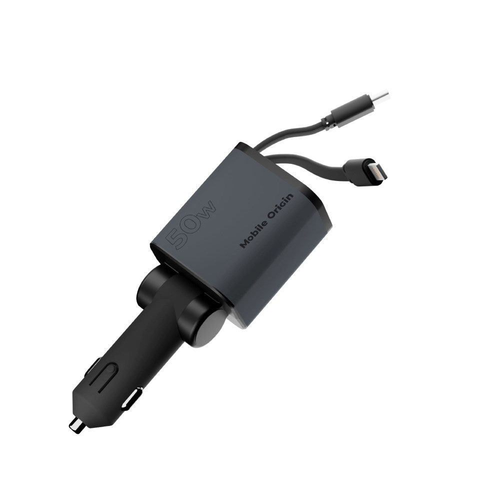 Mobile Origin 4-i-1 Biloplader 50W m. USB-C + USB-A Port og Udtrækkeligt USB-C and Lightning Kabel - Grå
