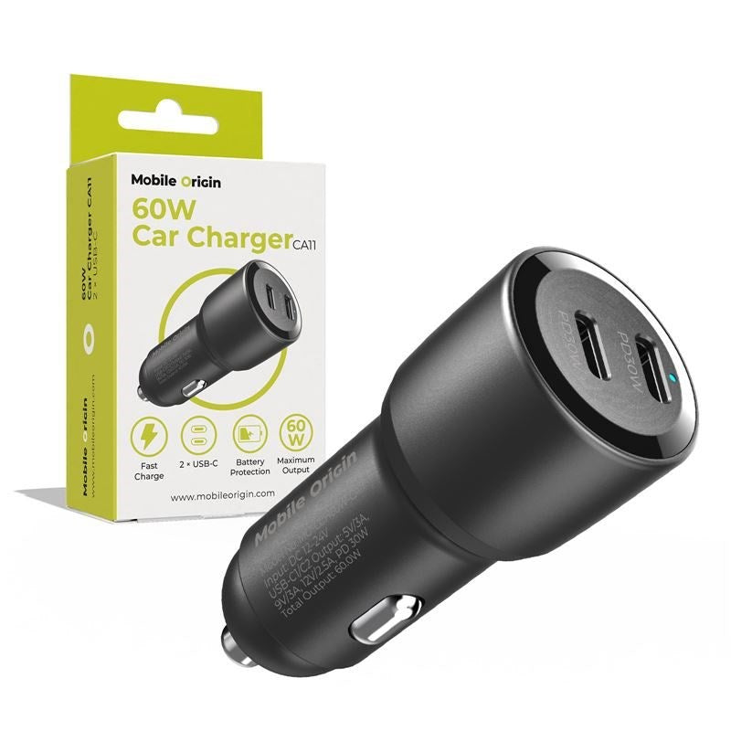 Mobile Origin CA11 Biloplader 60W med 2x USB-C - Sort