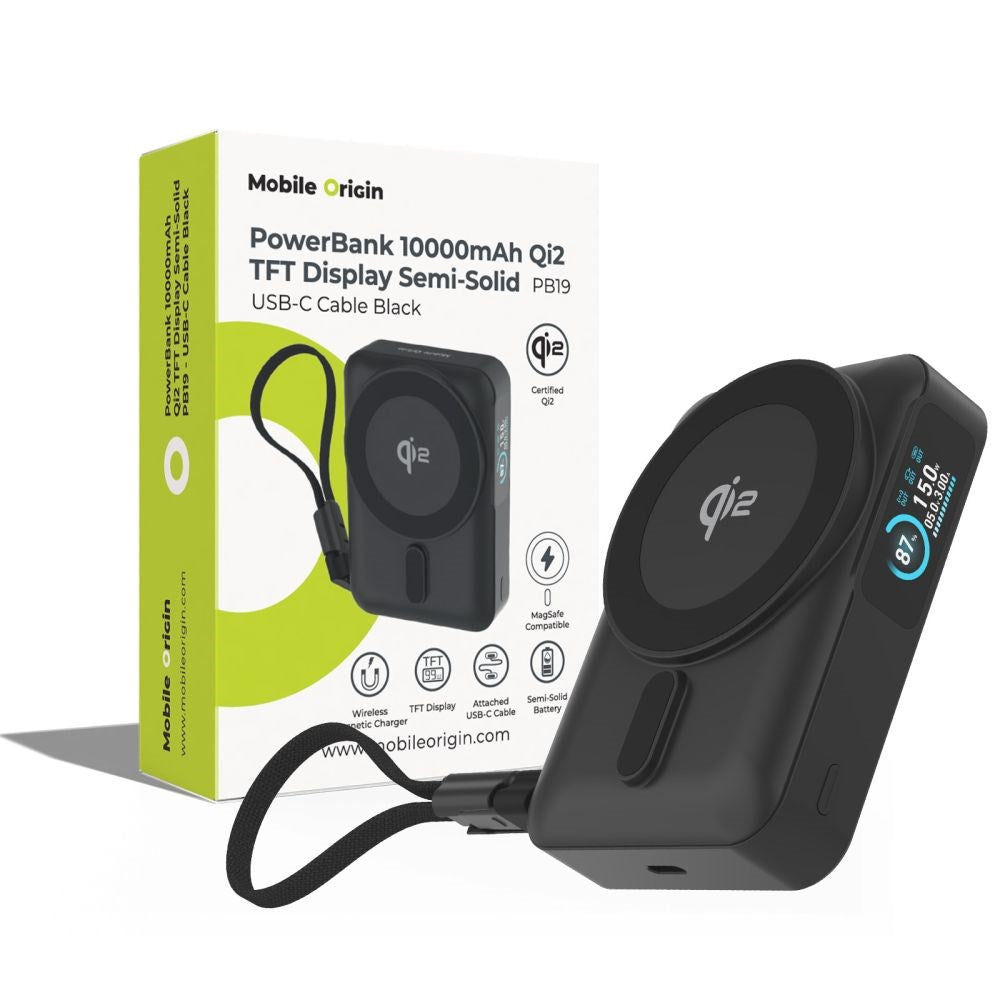 Mobile Origin Powerbank - 10.000mAh - Trådløs Opladning - Indbygget USB-C Kabel - MagSafe / Qi2 Kompatibel - Sort