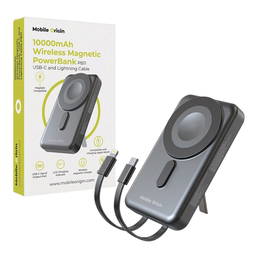 Mobile Origin Magnetisk Powerbank 10000mAh med USB-C og Lightning Kabel - Grå