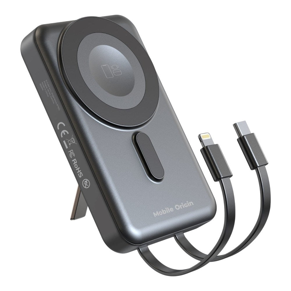 Mobile Origin Magnetisk Powerbank 10000mAh med USB-C og Lightning Kabel - Grå