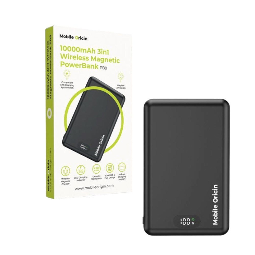 Mobile Origin 3in1 Powerbank 10000mAh med Trådløs Opladning - MagSafe Kompatibel - Sort