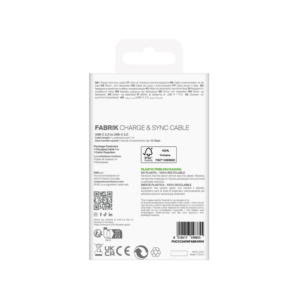 Puro Fabrik Kabel - USB-C til USB-C - 240W - 10Gbps - 1m - Hvid