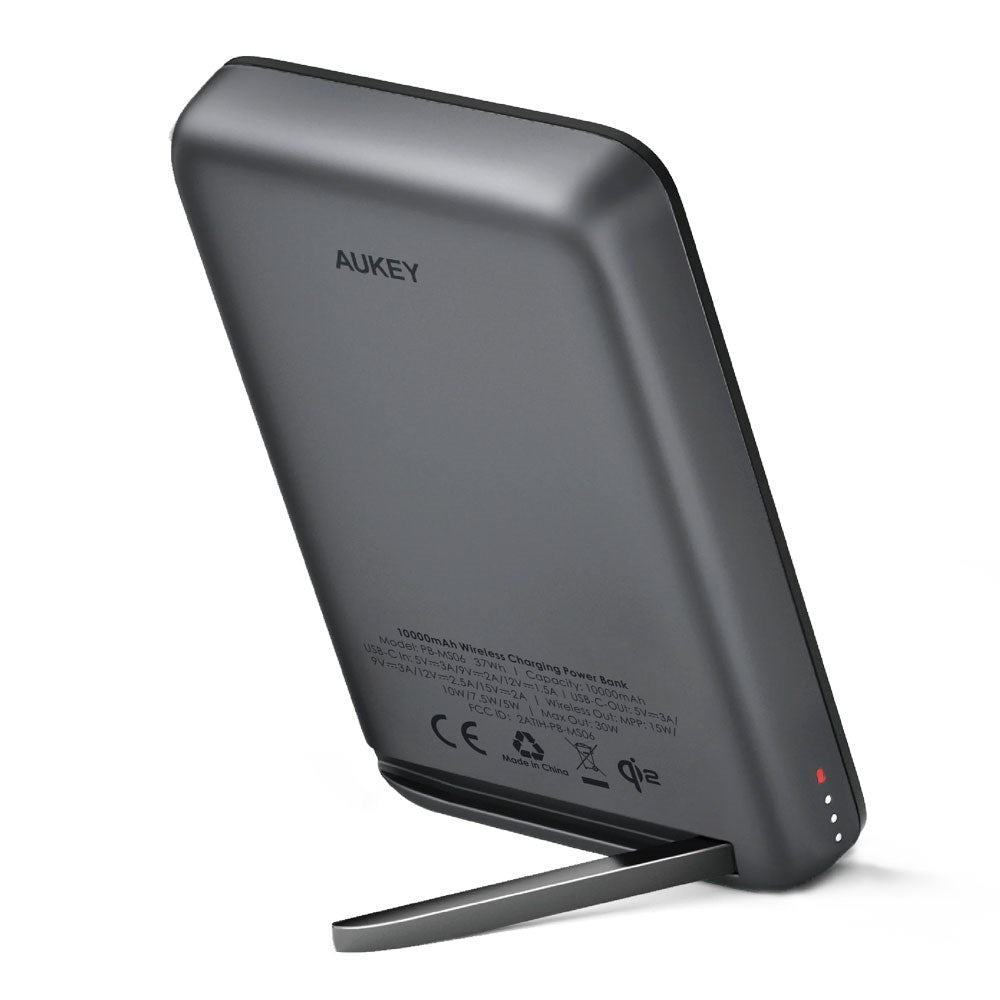 Aukey MagFusion Powerbank - 10.000mAh - Trådløs Opladning - Ståfunktion - MagSafe / Qi2 Kompatibel - Grå