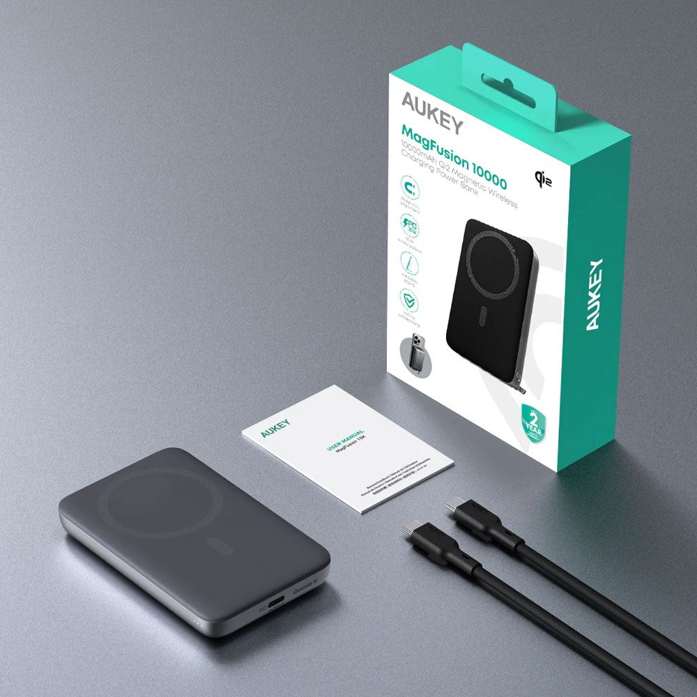 Aukey MagFusion Powerbank - 10.000mAh - Trådløs Opladning - Ståfunktion - MagSafe / Qi2 Kompatibel - Grå
