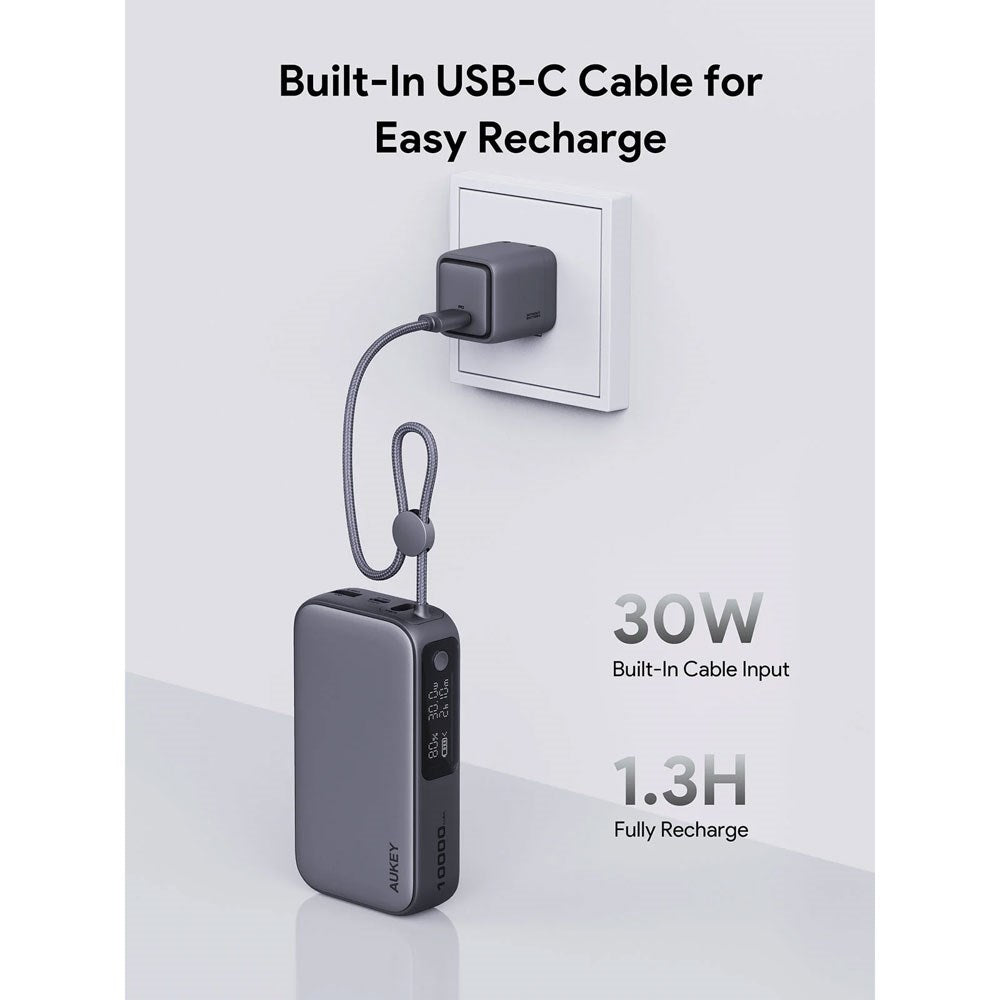 Aukey Spark Sling Powerbank m. USB-C Kabel & Display & 10.000mAh & 30W & 1 x USB-C & 1 x USB-A - Grå