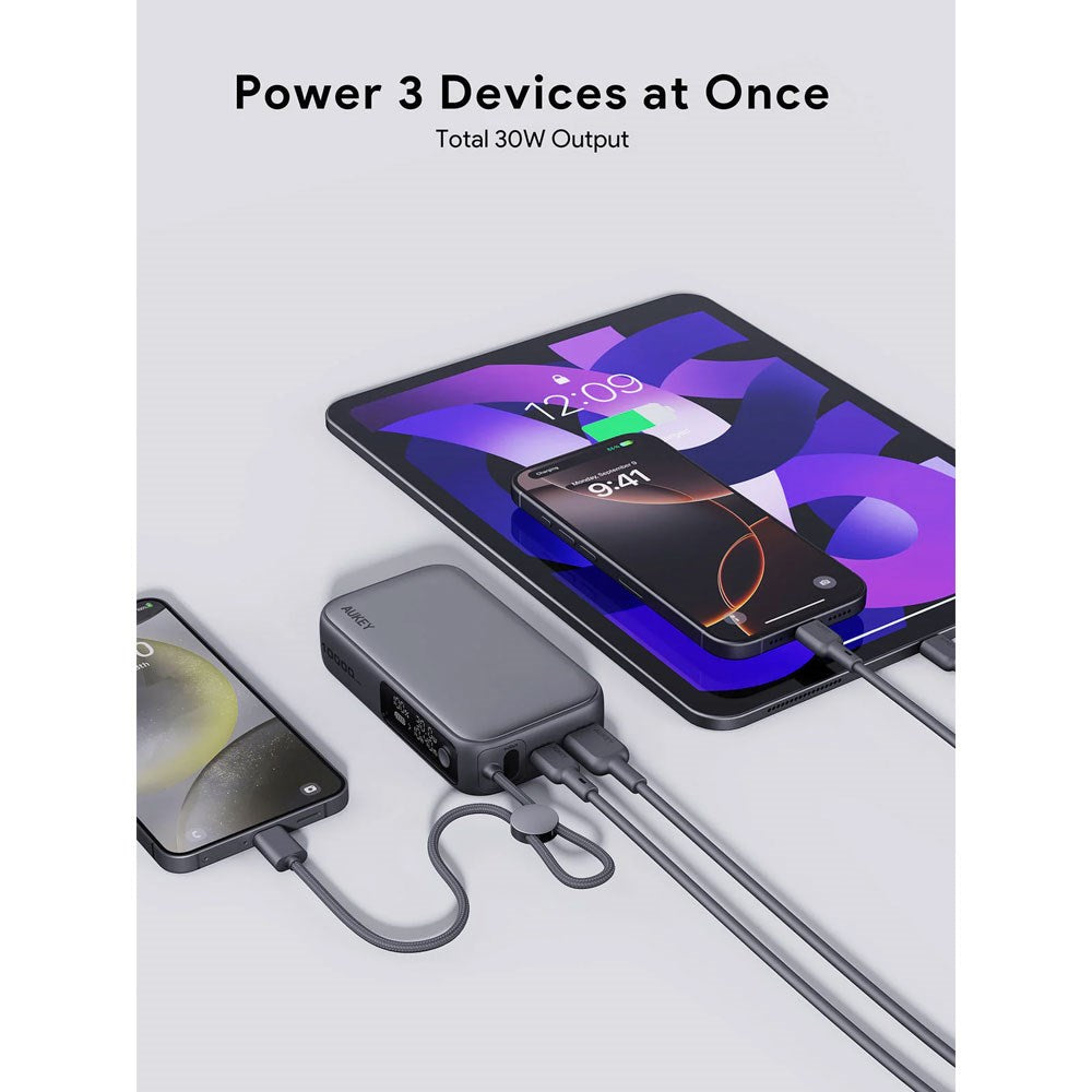 Aukey Spark Sling Powerbank m. USB-C Kabel & Display & 10.000mAh & 30W & 1 x USB-C & 1 x USB-A - Grå