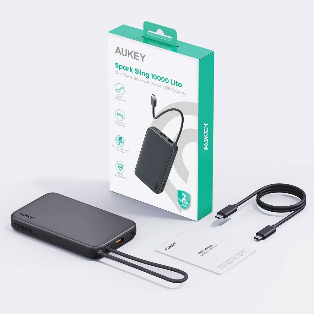 Aukey Spark Sling Powerbank m. USB-C Kabel & 10.000mAh & 20W & 1 x USB-C & 1 x USB-A - Grå