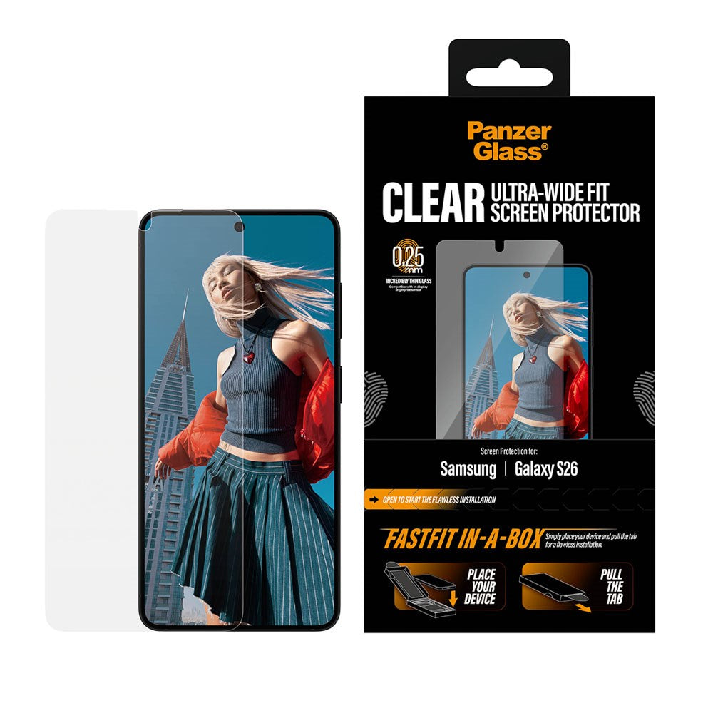 Samsung Galaxy S26 PanzerGlass Hærdet Beskyttelsesglas inkl. FastFit In-A-Box - Ultra Wide Fit - Gennemsigtig