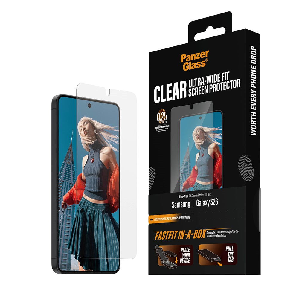 Samsung Galaxy S26 PanzerGlass Hærdet Beskyttelsesglas inkl. FastFit In-A-Box - Ultra Wide Fit - Gennemsigtig