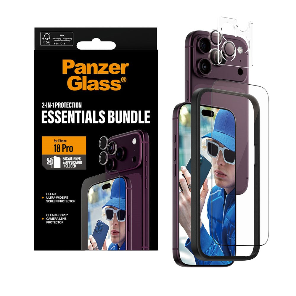 iPhone 18 Pro PanzerGlass Essentials 2-in-1 Bundle m. 1 x EasyAligner 1 x Skærmbeskyttelse (UWF) 1 x Hoops Kameralinsebeskyttelse - Gennemsigtig